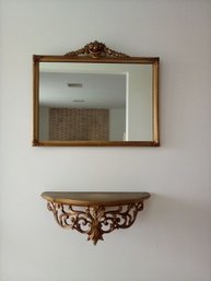 Gold Colored Wood Framed Mirror & Matching Hanging Demilune Shelf      Hall