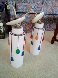 2 Mid Century White Glass Hanging Ceiling Lamps With 8 Colored Poly Petals Suspended From Metal Frame  LR