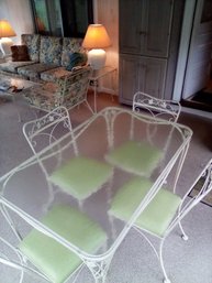 Mid Century Wrought Iron Patio Glass Topped Dining Table & Chairs W/ Flower Backs & Green Vinyl Cushions