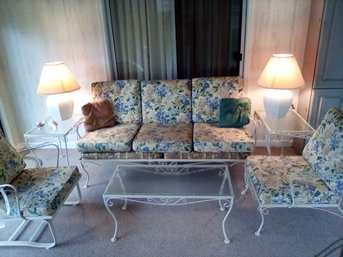 Mid Century, 3- Piece, Glass Topped Wrought Iron Patio Furniture - Coffee Table & 2 Matching End Tables