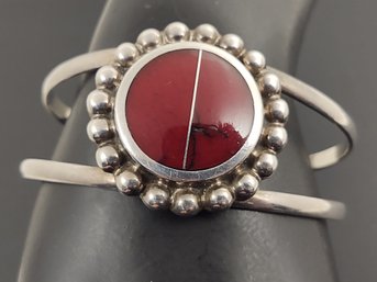 VINTAGE MEXICAN STERLING SILVER RED JASPER INLAY CUFF BRACELET