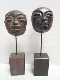 Two Vintage Mini Cast Masks - Metal Rod Supporting Each - Wood Base - One On Left Is Signed     MarBr/E4