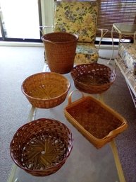5 Woven Baskets For Display & Use - 3 Low Round, 1 Handled Rectangular & 1 Tall Circular/Patio. CT/C5