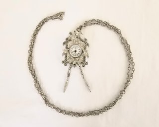 Rhinestone Studded Cuckoo Clock Pendant Necklace