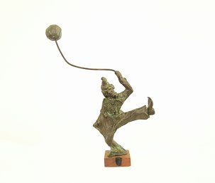 Mid-century Brutalist Style Bronze Statue Of A Clown On Wood Base