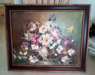 Outstanding Floral Themed Still-life Framed Oil On Canvas With Artist's Signature     LR