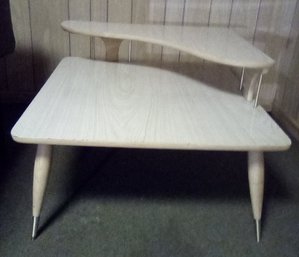 Mid Century 2- Tier End Table With Wood, Formica Style Veneer & Brass Feet & Risers  ...Bsmnt