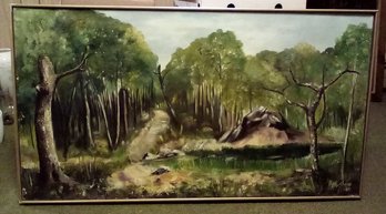 Large Wood Framed Oil On Canvas Signed By Artist, Johnny Johnson '65 Depicting Wooded Road  CT/WAB