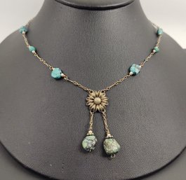 ANTIQUE ART DECO STERLING SILVER TURQUOISE & PEARL FILIGREE NEGLIGEE NECKLACE