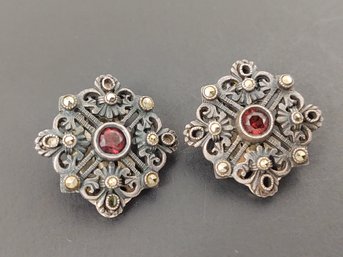 VINTAGE STERLING SILVER RED CZ & MARCASITE FILIGREE EARRINGS