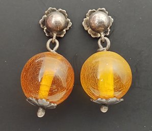 VINTAGE STERLING SILVER NATURAL COGNAC HONEY AMBER BEADS EARRINGS