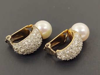 VINTAGE STERLING SILVER RHINESTONE & FAUX PEARL EARRINGS