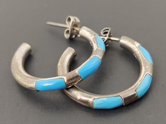 VINTAGE STERLING SILVER TURQUOISE INLAY HOOP EARRINGS