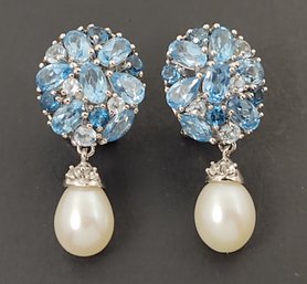 STUNNING STERLING SILVER BLUE TOPAZ PEARL DROP EARRINGS