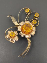 VINTAGE GOLD FILLED & STERLING SILVER CITRINE CZ FLOWER BROOCH