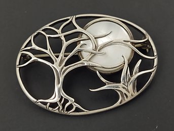 VINTAGE STERLING SILVER MOTHER OF PEARL MOON AND TREES BROOCH