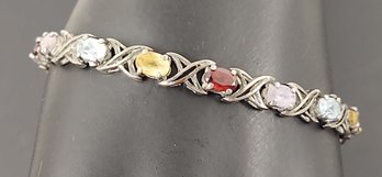 BEAUTIFUL STERLING SILVER MULTI GEMSTONE TENNIS BRACELET