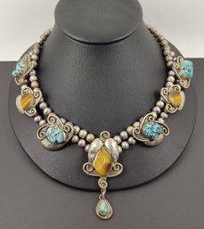 VINTAGE SOUTHWESTERN SILVER PLATED & NICKEL SILVER TURQUOISE TIGERS EYE NECKLACE