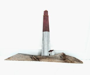 Sweet Rustic Wood Sculpture Of Lighthouse On Shore