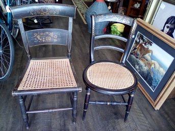 Two Early American Hitchcock Side Chairs With Beautiful Hand Painted Details & Cane Seats   MB/SR