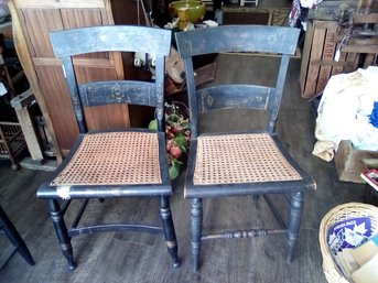 Two Early American Hitchcock Side Chairs With Beautiful Hand Painted Details & Cane Seats   MB/CVBKB