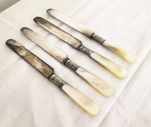 Antique Sterling Silver Butter Knives / Cheese Knives With Mother Of Pearl Handles