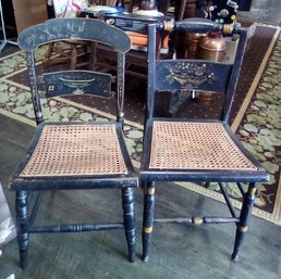 Two Early American Hitchcock Side Chairs With Beautiful Hand Painted Details & Cane Seats   MB/CVBKB