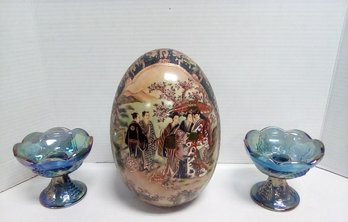 Asian Inspired Hand Painted Ceramic Egg & Pair Of Irridescent Raised Grapes & Leaves Candle Holders  RC/E3-box