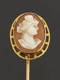 ANTIQUE VICTORIAN 10K GOLD NATURAL CARVED SHELL CAMEO STICK PIN