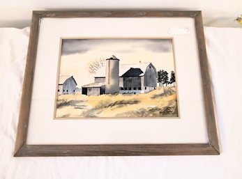 Signed Watercolor On Paper Of A Farm Scene