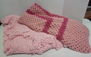 Two Hand Crocheted AfghanBlankets - 1 Soft Pink Baby Blanket With Attached Cross & 1 Two Shaded One  LP/CVBK B