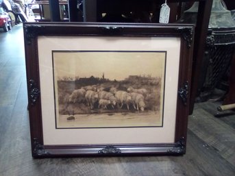 J.A.S. Monks Hand Signed Print 'Sheep In The Field' With Unique Wood Frame & Matted  212/WAB