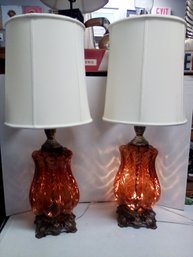 Two Vintage Glass & Brass Lamps With 3-way Lights & Shades   SR/CVBK A