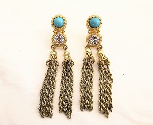 Pair Of Signed Earrings With Blue Feature And Tassel