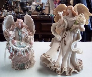 Two Resin Angel Statues - Jesus Loves You With Infant & Angel With Dove/flowers LP/E3