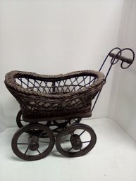 Vintage Small Doll Carriage Constructed Of Wood, Wicker & Metal     LP/E2