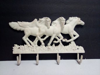 Fantastic Heavy Cast Iron Coat & Hat Hanger - Sports 3 Running Horses - White Patina  LP/CVBKB