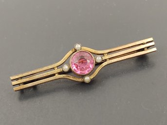 ANTIQUE ART DECO GOLD FILLED PINK PASTE STONE SEED PEARL BAR PIN