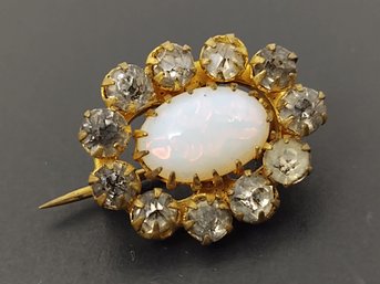 ANTIQUE OPALESCENT MOONSTONE STYLE GLASS RHINESTONE PIN