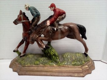 Vintage Painted Cast Iron Horse Racing Door Stop - Two Horses With Jockeys Riding   LP/E4