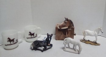 Horse Lot - 2 Glasbake Mugs, 3 Figurines & 1 Ceramic Horse Head Planter Made In Japan    LP/CVBKB