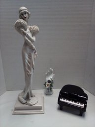 Trio Of Home Decorating Items - Resin Statue, Piano Music Box & Hand Ring  Holder LP/CVBKB