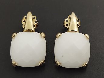 BEAUTIFUL GOLD OVER STERLING SILVER FACETED MILK GLASS EARRINGS