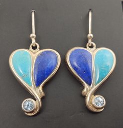 BEAUTIFUL STERLING SILVER TURQUOISE LAPIS AND BLUE TOPAZ EARRINGS