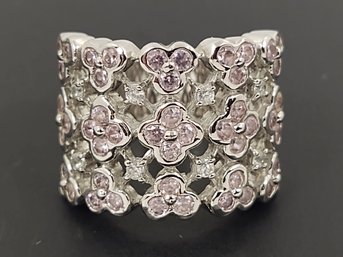 BEAUTIFUL STERLING SILVER PINK CZ FLOWERS RING