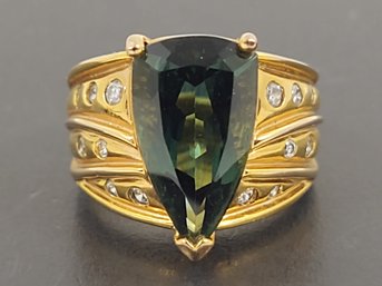 STUNNING GOLD OVER STERLING SILVER BLUE / GREEN SPINEL & CZ RING