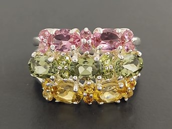 BEAUTIFUL STERLING SILVER PINK & GREEN TOURMALINE &  CITRINE RING