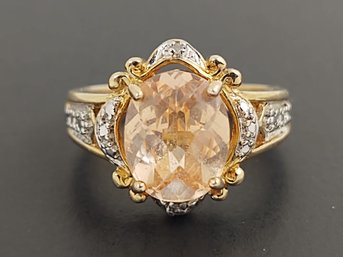 STUNNING GOLD OVER STERLING SILVER PEACH SAPPHIRE & DIAMOND RING