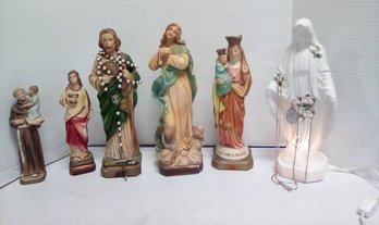 6 Vintage Hand Painted Religious Statues 7-1/2 To 12 Inches Tall - 1 Lights Up  LP/B3