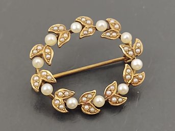 ANTIQUE VICTORIAN 14K GOLD SEED PEARL WREATH STYLE BROOCH